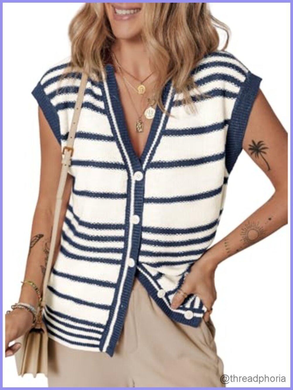 Women's Striped V-Neck Button Sleeveless Knit Sweater Vest, Lightweight